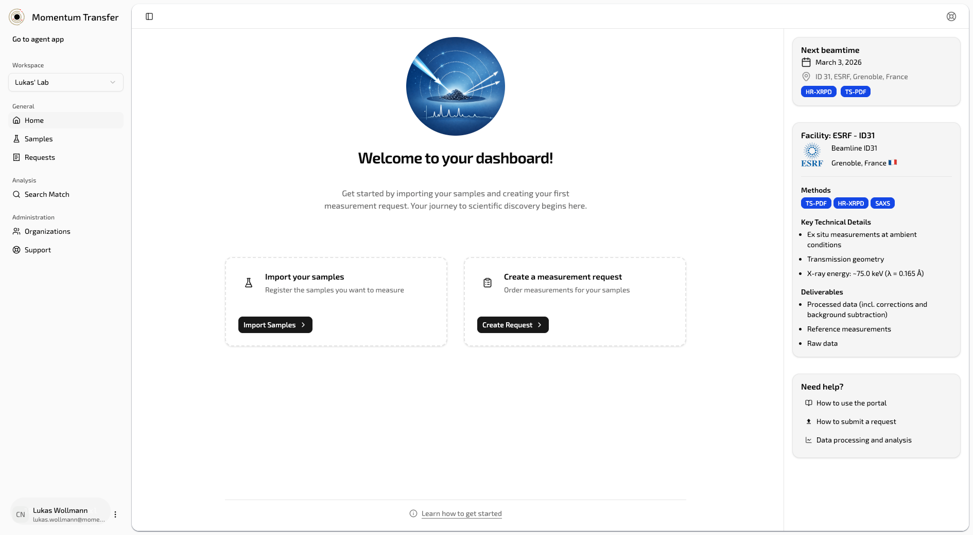 Momentum Transfer app showing X-ray powder diffraction data analysis